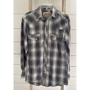 Rafter C Mens Western Pearl Snap Shirt Blue Plaid Long Sleeve Pockets Small